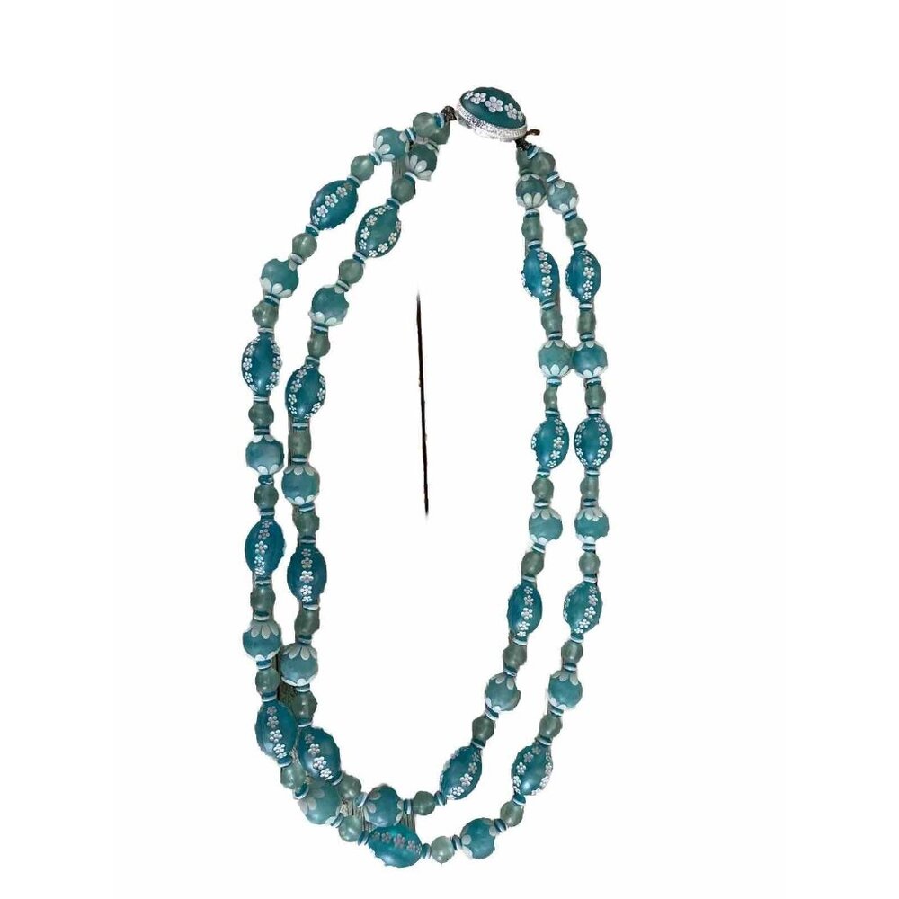 Vtg Blue Plastic Beaded Necklace White Incised Flowers Barrel Clasp Hong Kong